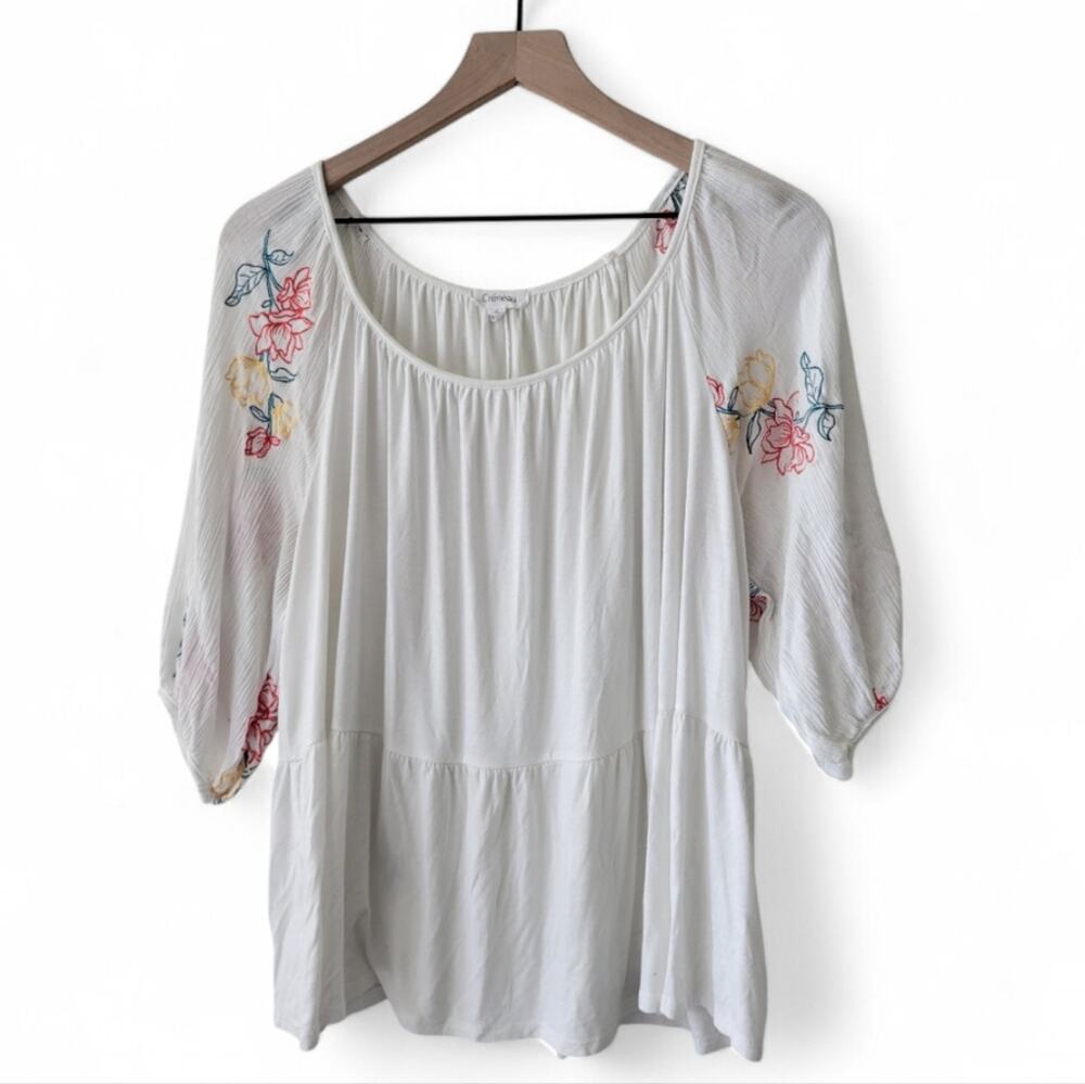 Creneau Jersey Knit Floral Embroidered Top Size XL White Red Yellow